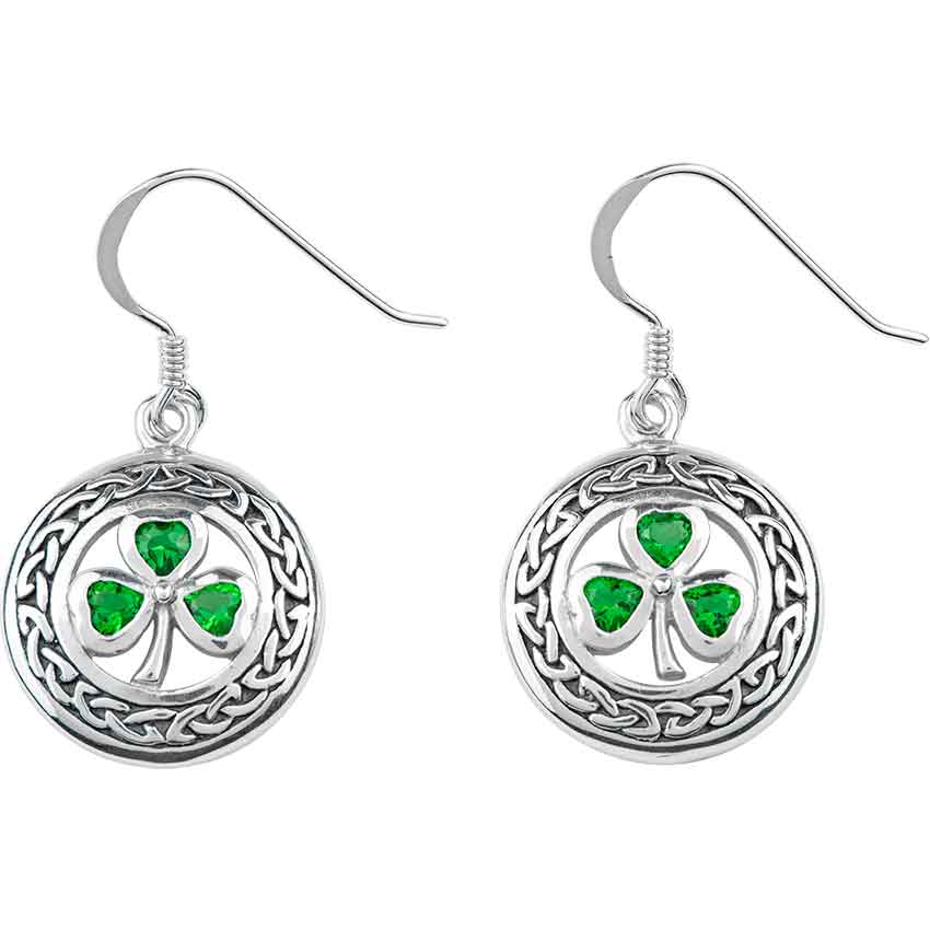 White Bronze Shamrock Gem Dangle Earrings PSWZER227 Medieval