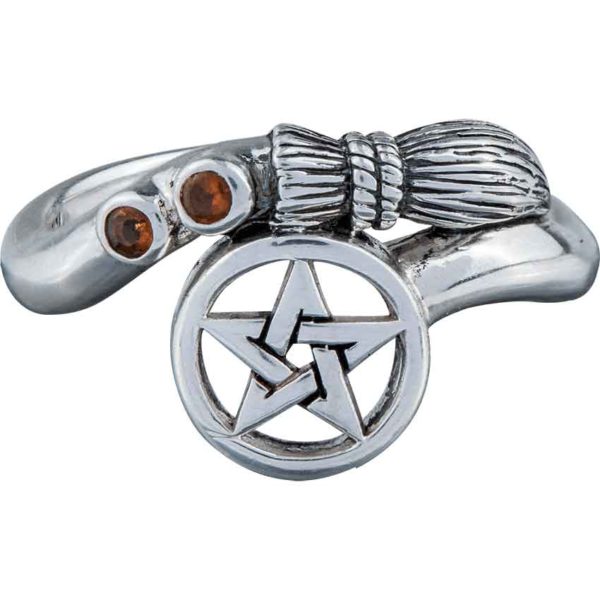 White Bronze Curved Broomstick Pentacle Ring