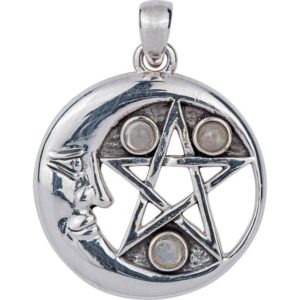 White Bronze Gemstone Pentagram Moon Pendant