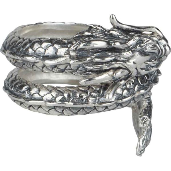 White Bronze Coiled Eastern Dragon Ring