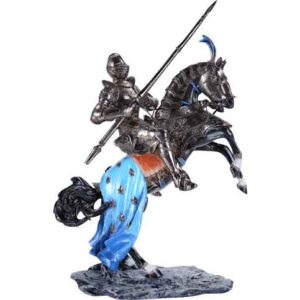 Metallic Medieval Knight on Rampant Horse Statue