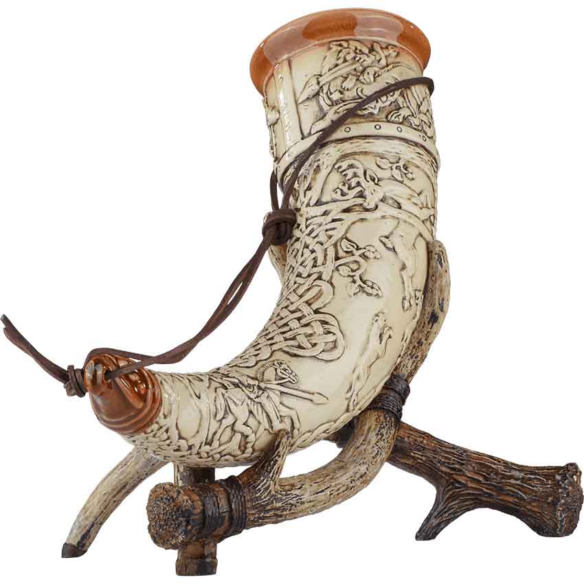 Brass Rim Drinking Horn with Horn Stand
