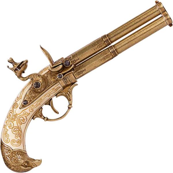 Double Barrel Revolving Ivory Eagle Flintlock Pistol