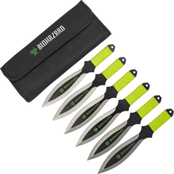 6 Piece Biohazard Silver Wing Cord Wrapped Throwing Knives