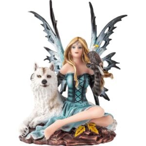 Teal Fairy with Wolf Statue
