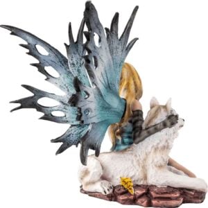 Teal Fairy with Wolf Statue