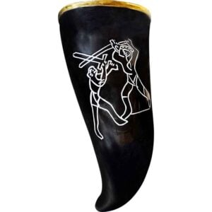 Engraved Sword Fight Drinking Horn