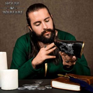 Engraved Sword Fight Drinking Horn