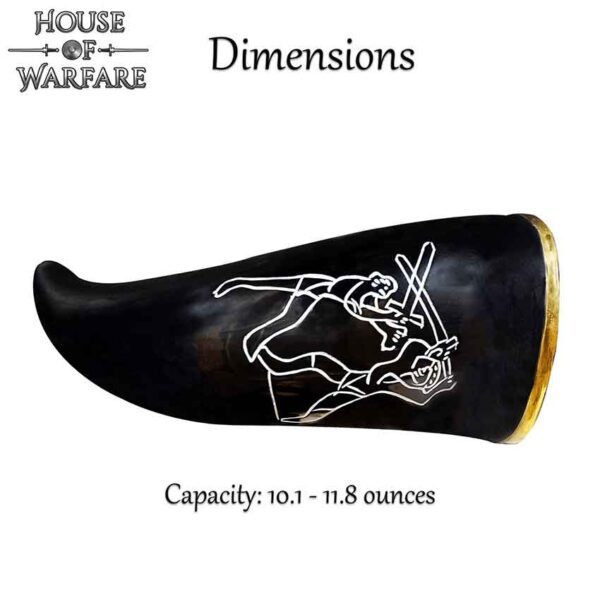 Engraved Sword Fight Drinking Horn