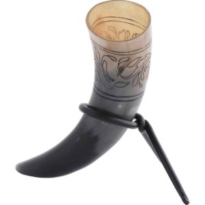 Floral Etched Drinking Horn with Stand