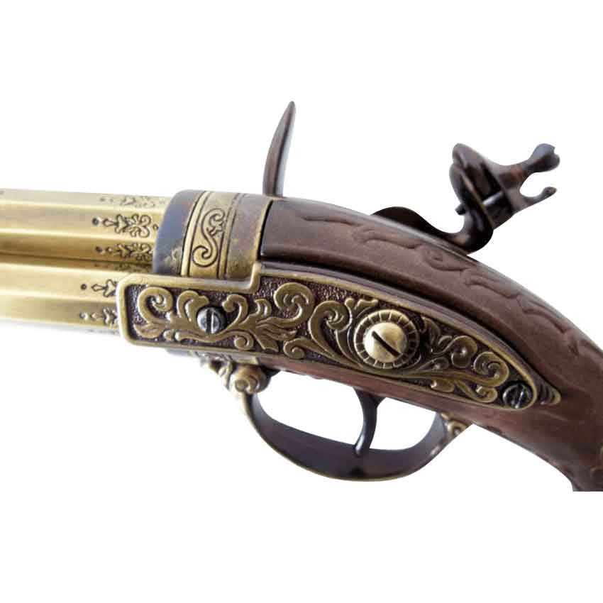 Triple Barrel Revolving Wood Grip Flintlock Pistol