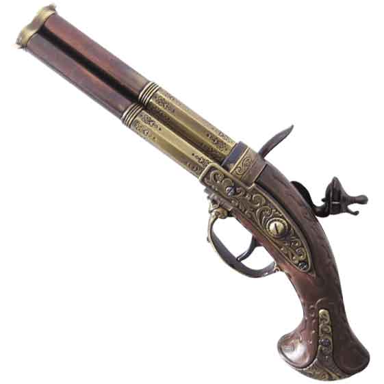 Triple Barrel Revolving Wood Grip Flintlock Pistol