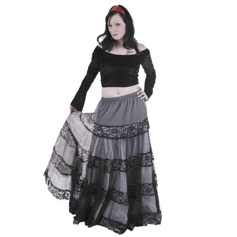 Black Lace Accented Long Skirt - FX1063 - Medieval Collectibles