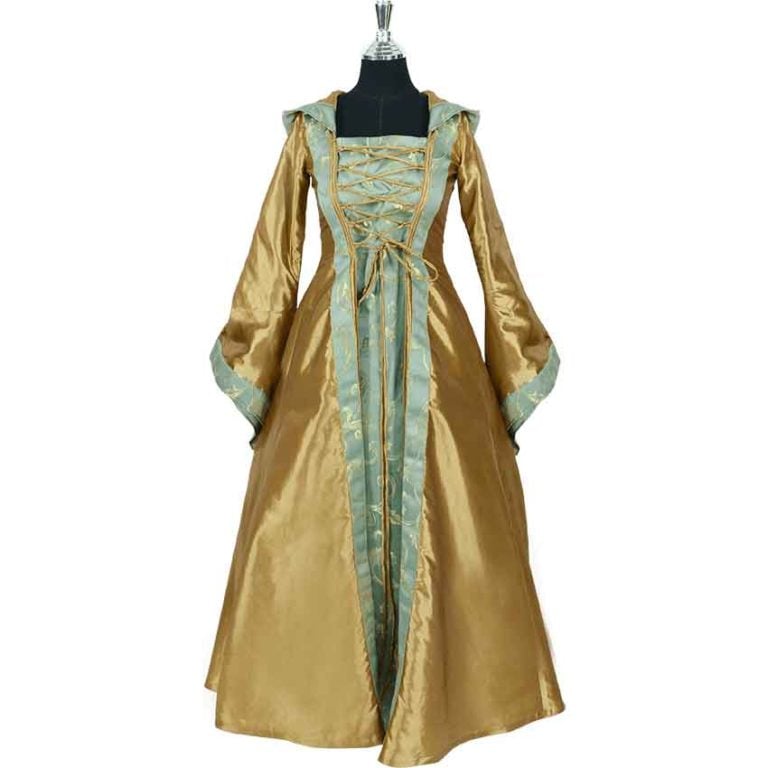 Hooded Renaissance Sorceress Gown - Gold and Green