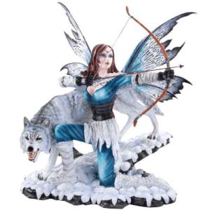 Arctic Fairy Archer with Wolf Statue