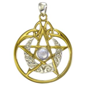 Crescent Moon Vermeil Pentacle Pendant with Rainbow Moonstone Accent