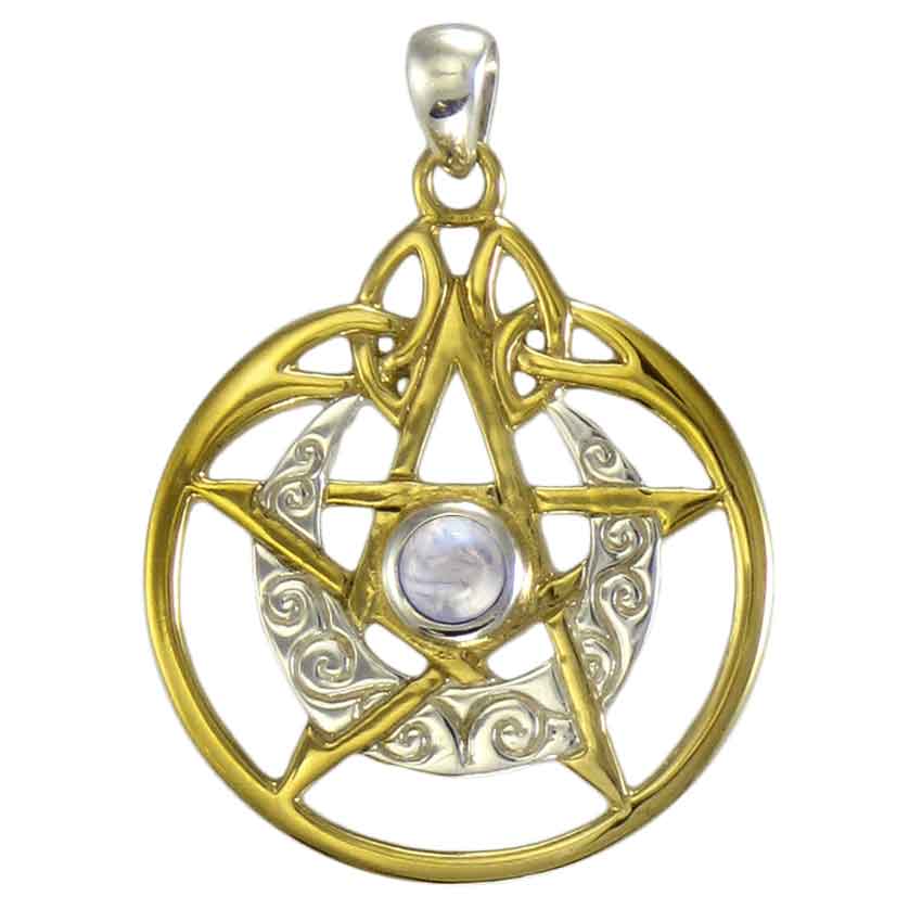 Crescent Moon Vermeil Pentacle Pendant with Rainbow Moonstone Accent