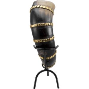 Brass Banded Drinking Horn With Stand