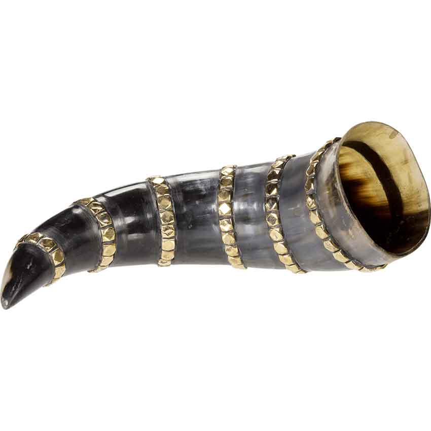 Brass Banded Drinking Horn With Stand