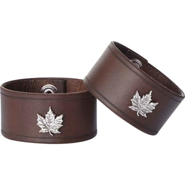 Leather Wrist Cuffs with Maple Leaf