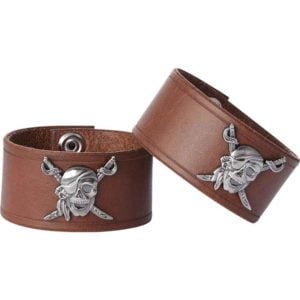 Leather Wrist Cuffs with Pirate Skull