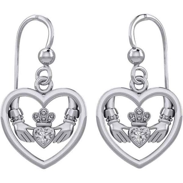 Gemstone Claddagh in Silver Heart Earrings