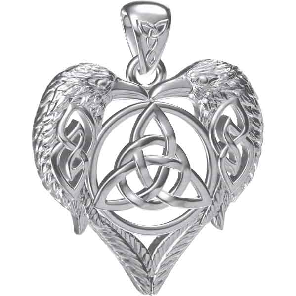 Silver Ravens with Celtic Triquetra in Heart Pendant
