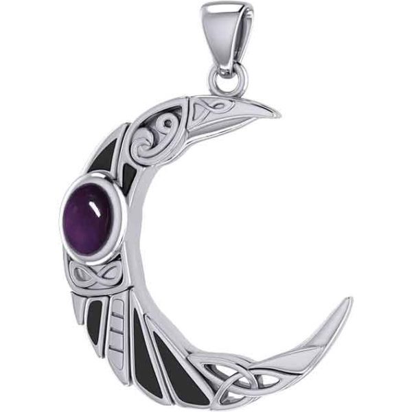 Silver Celtic Moon Raven with Gemstone Pendant