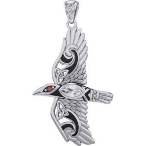 Silver Flying Raven with Gemstones Pendant