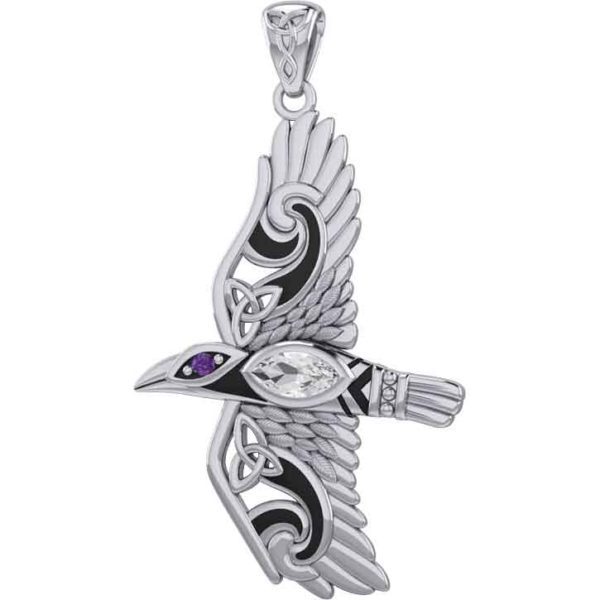 Silver Flying Raven with Gemstones Pendant