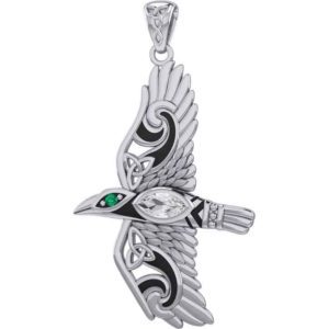 Silver Flying Raven with Gemstones Pendant
