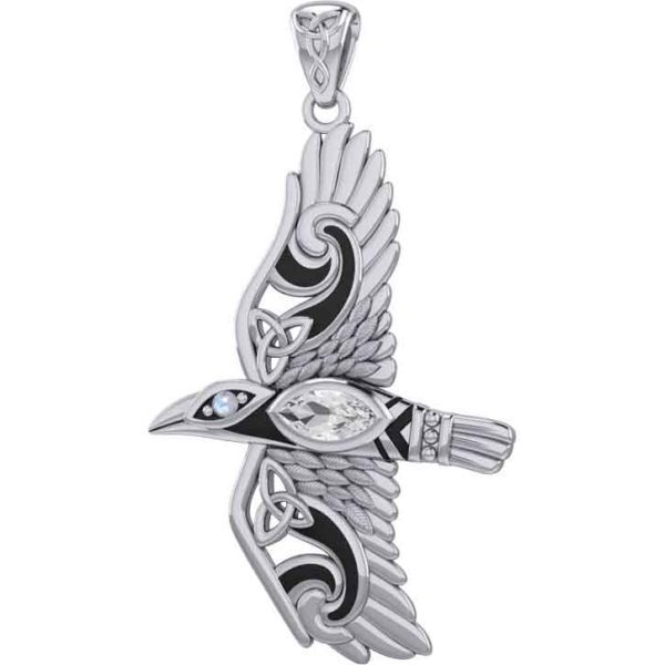 Silver Flying Raven with Gemstones Pendant