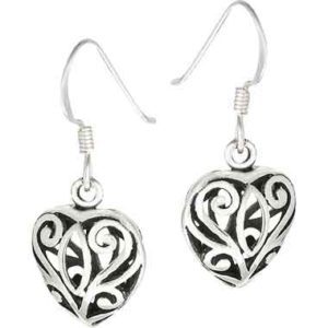 Silver Filigree Heart Hook Earrings