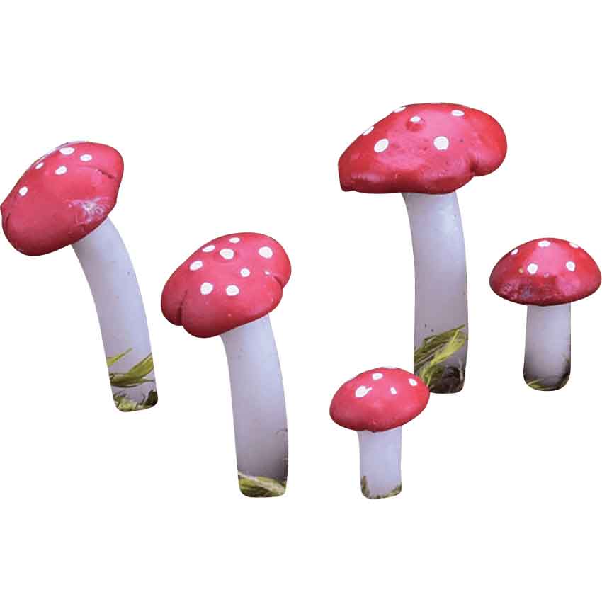 Set of 5 Mini Red Mushrooms Statues with Stakes