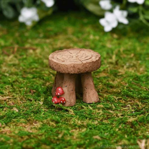 Mini Wooden Stool with Mushrooms Statue