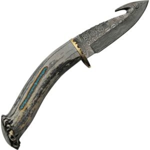 Damascus Deer Antler with Turquoise Guthook Knife