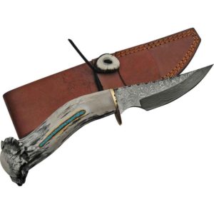 Deer Antler with Turquoise Damascus Skinner