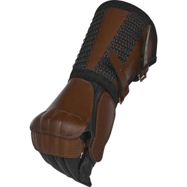 Leather Gauntlet with Chainmail Cuff - Brown