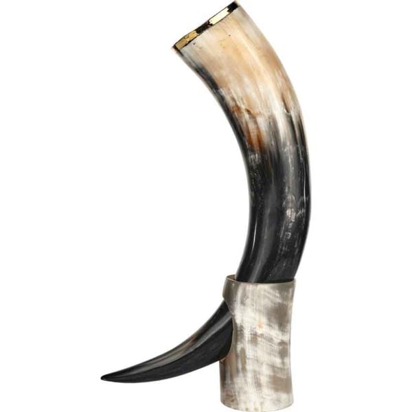 Brass Trim Drinking Horn with Horn Stand