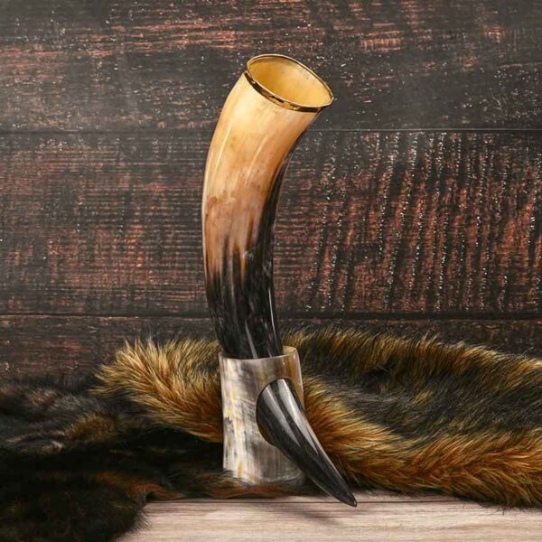 Brass Trim Drinking Horn with Horn Stand