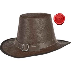 Handcrafted Embossed Leather Hat - Brown