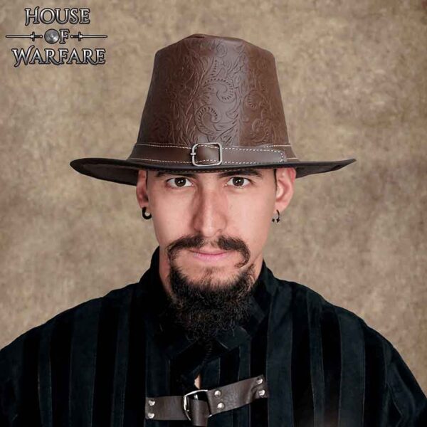 Handcrafted Embossed Leather Hat - Brown