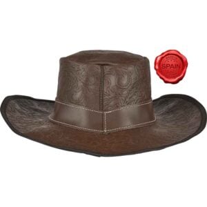 Embossed Leather Wide Brim Hat - Brown