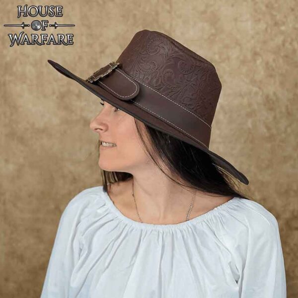 Embossed Leather Wide Brim Hat - Brown