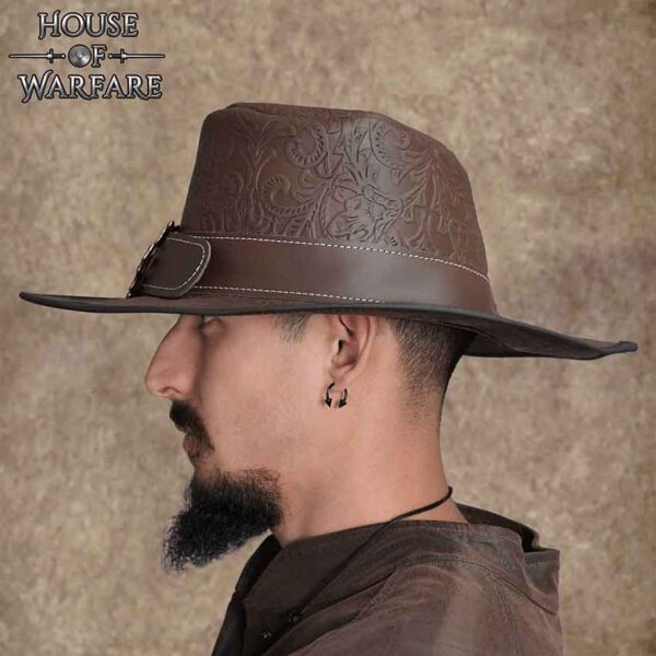 Embossed Leather Wide Brim Hat - Brown