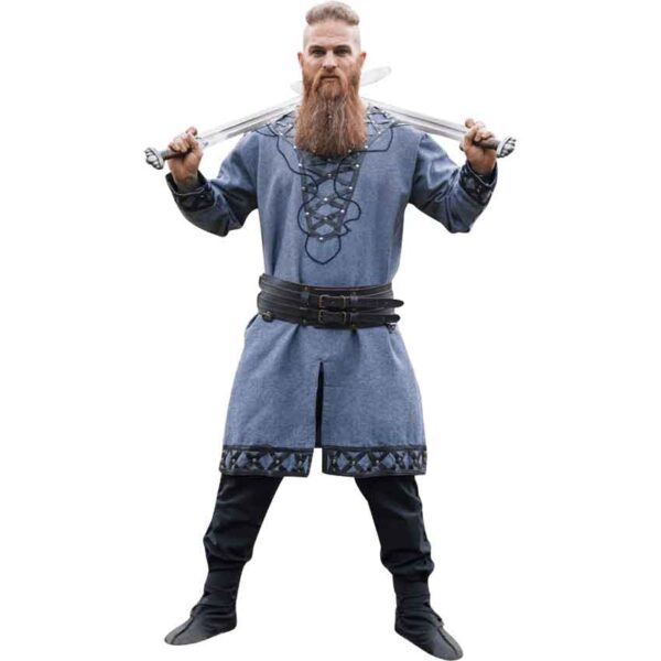 Erik Leather Trim Viking Tunic - Blue-Grey