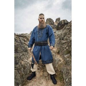 Erik Leather Trim Viking Tunic - Dark Blue