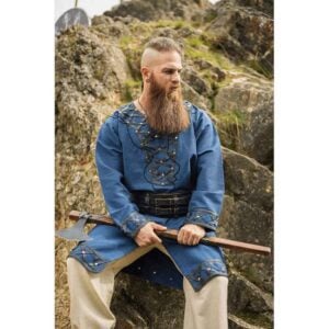 Erik Leather Trim Viking Tunic - Dark Blue