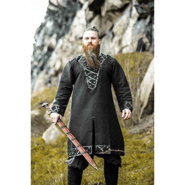Erik Leather Trim Viking Tunic - Black