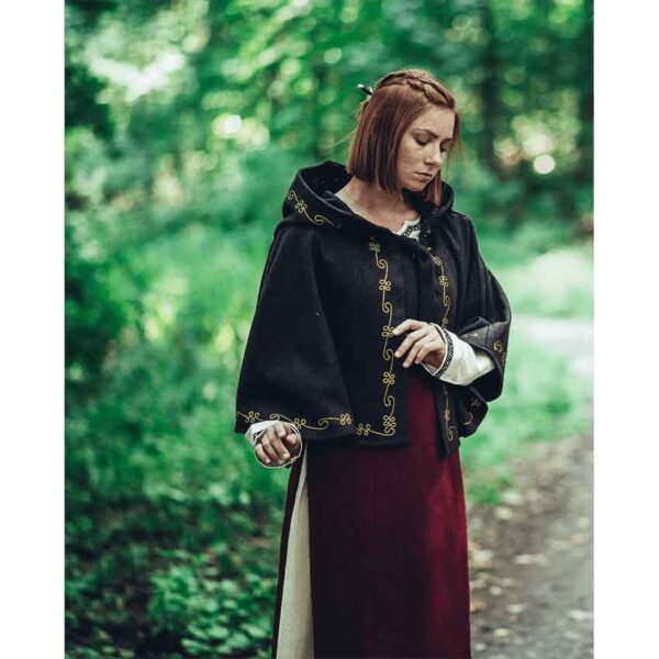 Runa Embroidered Medieval Hood - Black